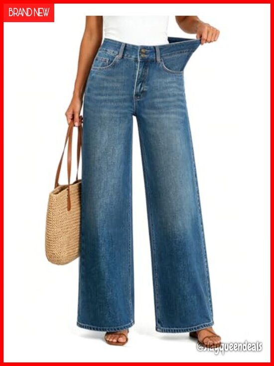 Denim - High Waisted Baggy Wide Leg Jeans Stretchy Tummy Control Straight Leg Denim